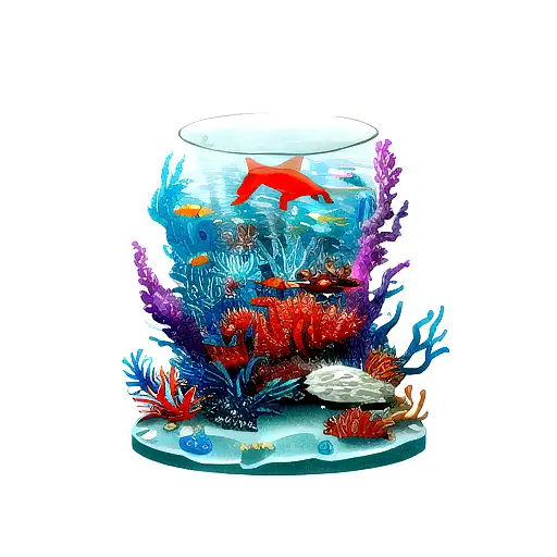 A realistic underwater scene with vibrant ocean creatures and a fisioterapeuta symbol tattoo design idea