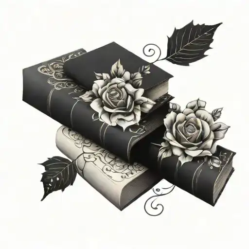 dark romance  book stacks with floral patterns tattoo design idea