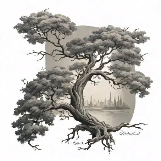 Design a black-grey tattoo of a majestic tree with Bible verse scripture intertwined in the branches tattoo design idea