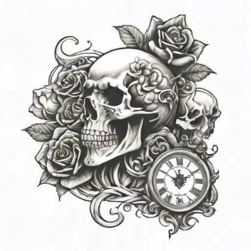 skulls and roses with a clock  tattoo design idea
