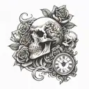 skulls and roses with a clock  tattoo design idea