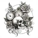 skulls and roses with a clock  tattoo design idea