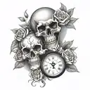 skulls and roses with a clock  tattoo design idea