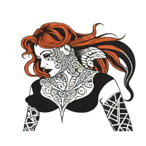 girl with red hair and on her body tattoos in Scandinavian style and market tattoo design idea