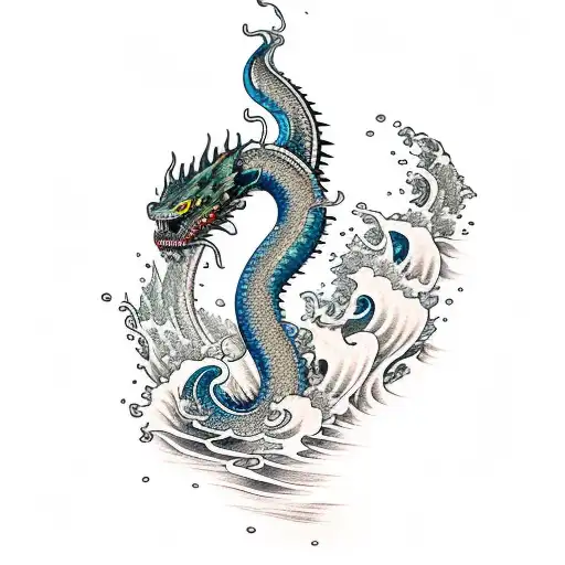 Funny dragon tattoo on blue wall reflections in the water ~ Clip Art  #11794427