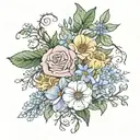 a thin and dainty rose, morning glory, aster and honeysuckle bouquet with 2008 and 1973 under it  tattoo design idea