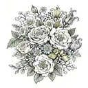 a thin and dainty rose, morning glory, aster and honeysuckle bouquet with 2008 and 1973 under it  tattoo design idea