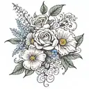 a thin and dainty rose, morning glory, aster and honeysuckle bouquet with 2008 and 1973 under it  tattoo design idea