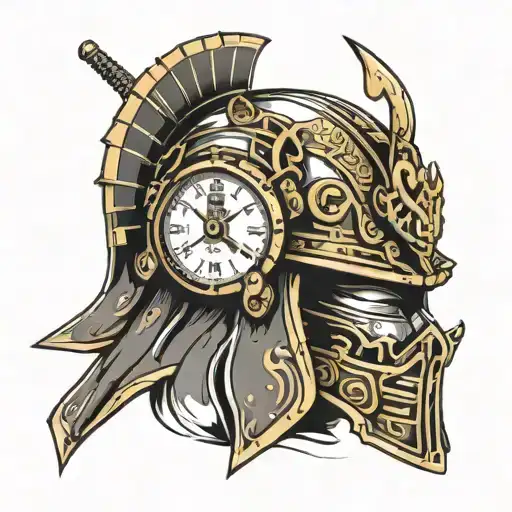 A sketch of a samurai helmet with a digital clock embedded, showcasing your fascination with samurai history and modern  tattoo design idea