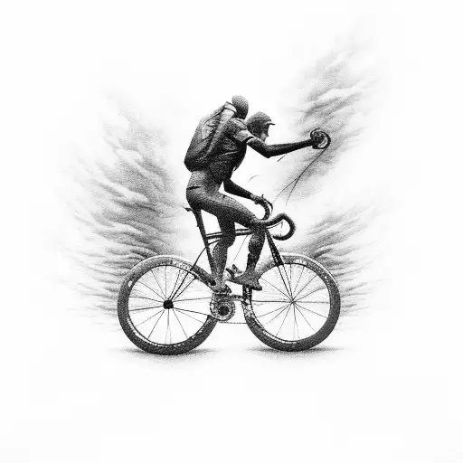 A black and grey tattoo of a cyclist riding through a storm, with lightning bolts shaped like guitar strings in the background, merging the client's love for cycling and metal music. tattoo design idea