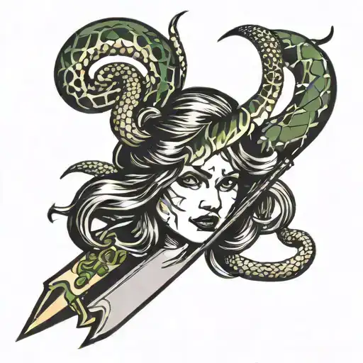 A knife with a girl’s face instead of a blade and a snake writhing around the knife tattoo design idea
