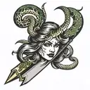 A knife with a girl’s face instead of a blade and a snake writhing around the knife tattoo design idea