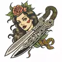 A knife with a girl’s face instead of a blade and a snake writhing around the knife tattoo design idea