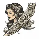 A knife with a girl’s face instead of a blade and a snake writhing around the knife tattoo design idea