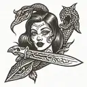 A knife with a girl’s face instead of a blade and a snake writhing around the knife tattoo design idea