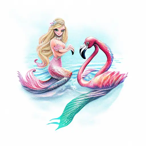 flamingo and a female mermaid tattoo design idea