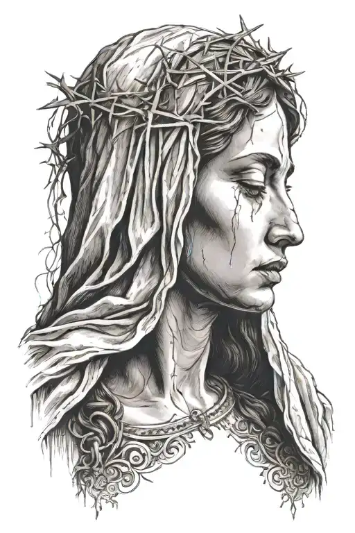 Virgin Mary loking up with a tear in her left eye and on that same eye around it, a small Jesus Criste on the cross almo tattoo design idea