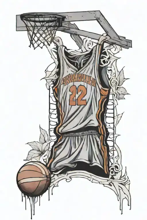 basketball jersey on rib cage haning from rafters tattoo design idea