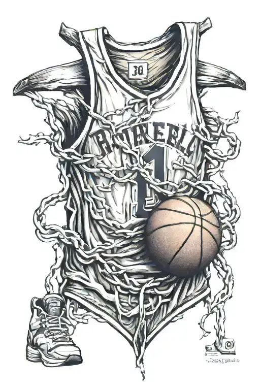  basketball jersey hanging from a human  rib  tattoo design idea