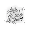A cat and a frog engaged in a Brazilian jiu jitsu match tattoo design idea