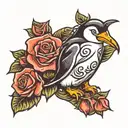 penguin, rose, paw print tattoo design idea