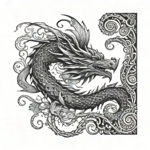 A mystical dragon coiled around a tree with intricate leaf patterns tattoo design idea