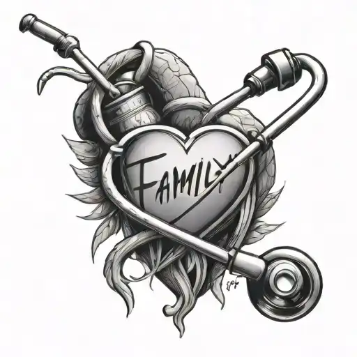 A stethoscope forming the shape of a heart with the words 'family first' incorporated into the design tattoo design idea