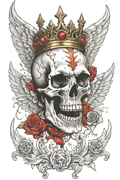 devil skull wearing bleeding crown surrounded by angel wings tattoo design idea