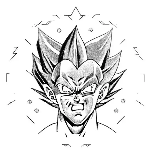A sketch-style portrait of Vegeta with clouds and diamonds as the background tattoo design idea