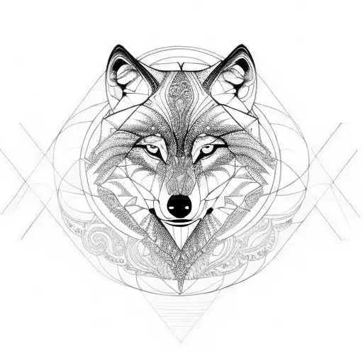 Wolf with sacred geometry and topographic lines tattoo design idea