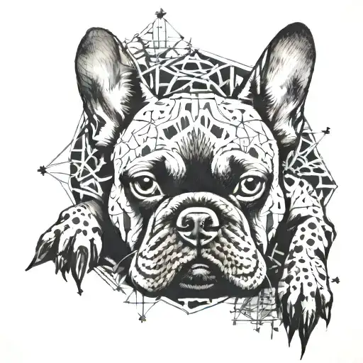 A french bulldog surrounded by a geometric pattern of dog bones tattoo design idea