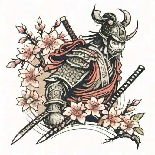 samurai with temple and cherry blossoms wrapped tattoo design idea