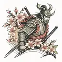 samurai with temple and cherry blossoms wrapped tattoo design idea