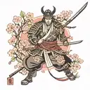 samurai with temple and cherry blossoms wrapped tattoo design idea