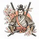 samurai with temple and cherry blossoms wrapped tattoo design idea