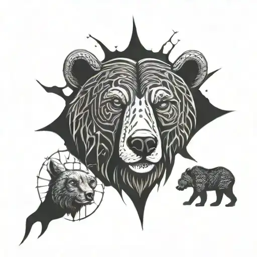 black and white forearm tattoo using dotwork technique, old god, bear, sun tattoo design idea