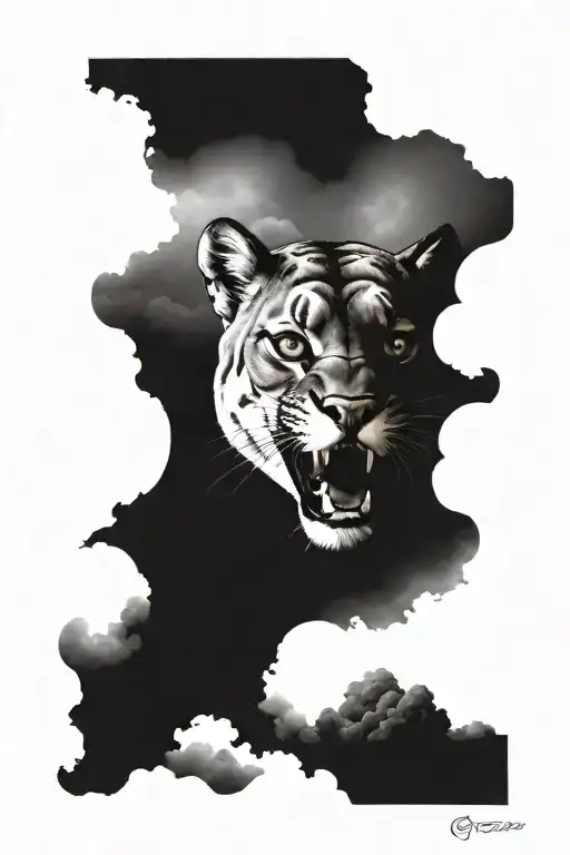 cougar snarling surrounded by dark clouds forming the shape tattoo design idea