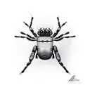 Alian spider going down on web string, black and white, realism, detalised, hdr, best quality tattoo design idea