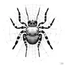 Alian spider going down on web string, black and white, realism, detalised, hdr, best quality tattoo design idea