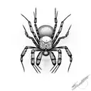 Alian spider going down on web string, black and white, realism, detalised, hdr, best quality tattoo design idea