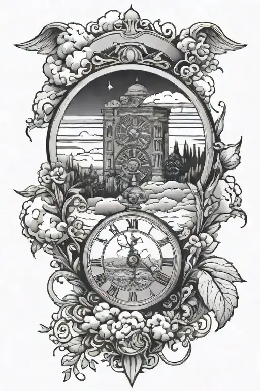 roman numeral clock clouds and outdoor scenery tattoo design idea