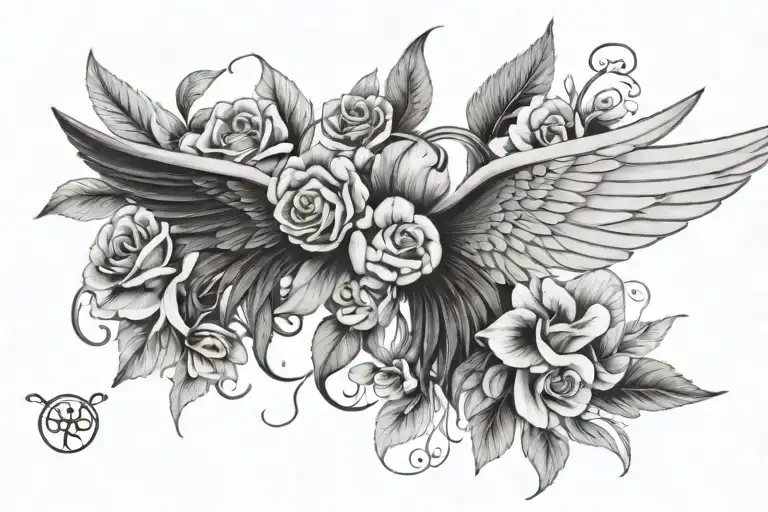 A black and grey tattoo to serve as a cover of a tattoo with name Lucas on it. With flowers and wings tattoo design idea