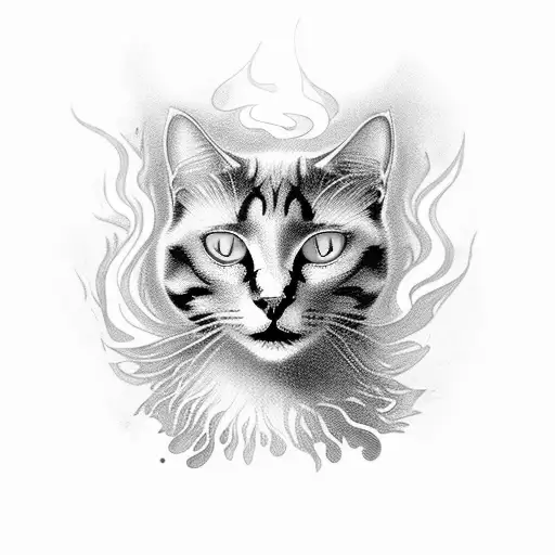A mysterious black cat with glowing eyes surrounded by swirling flames tattoo design idea