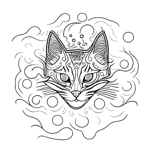 A mysterious black cat with glowing eyes surrounded by swirling flames tattoo design idea