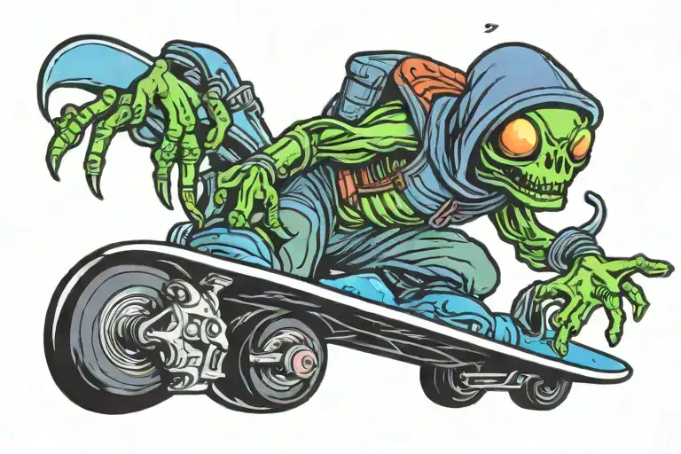 alien wearing a beanie riding a snowboard tattoo design idea