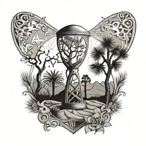 hour glass and skeleton and Joshua tree tattoo design idea