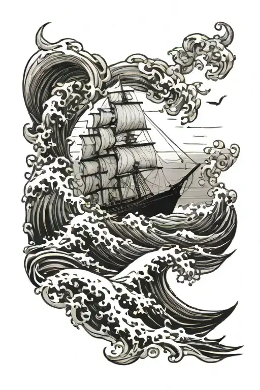 Ocean Wave and Ship tattoo design idea