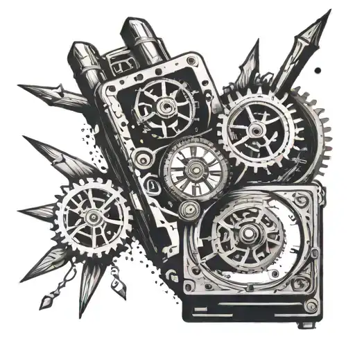 broken safe with 45 caliber bullet shell casing with mechanical clock tattoo design idea