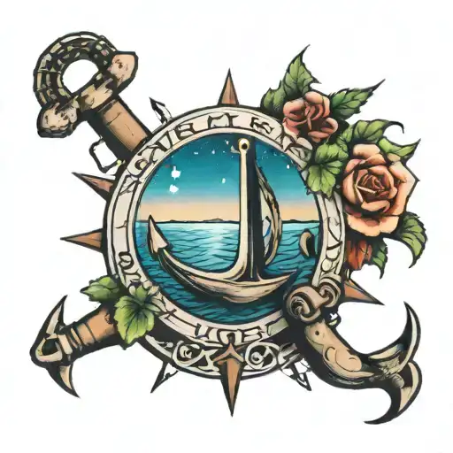 integrate letter D,L,İ and anchor, north star filled sky tattoo design idea