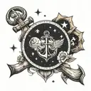 integrate letter D,L,İ and anchor, north star filled sky tattoo design idea